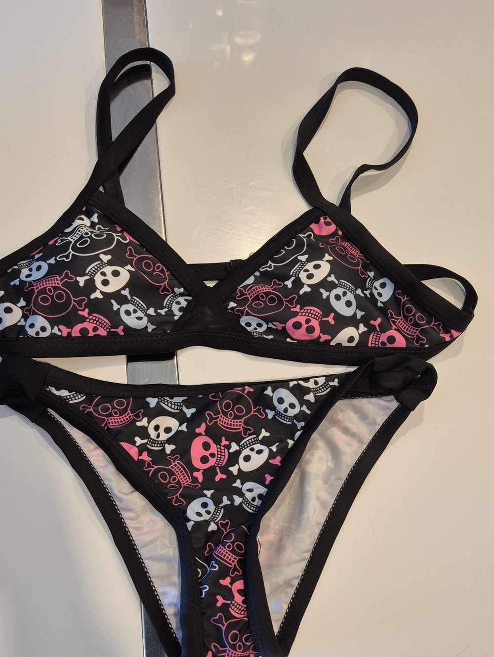 Skull Print Triangle Bikini Set in Black, Pink & White